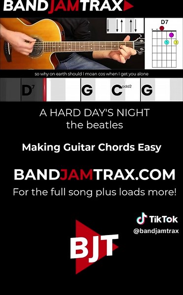 BANDJAMTRAX Simplified Cover versions of popular songs in keys that allow the use of ‘common’ open chords. Strum patterns, chord boxes, lyrics and scrolling chords all in one place. Try out A Hard Day's Night by The Beatles - full version on www.bandjamtrax.com #bandjamtrax #guitarchords #chords #guitarist #songlyrics #songswithlyrics #commonchords #jamwithatrack #onlineguitarlessons