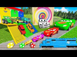 Triple Flatbed Trailer McQueen Transportation with Truck - Speedbumps vs Cars vs Train - BeamNG #12