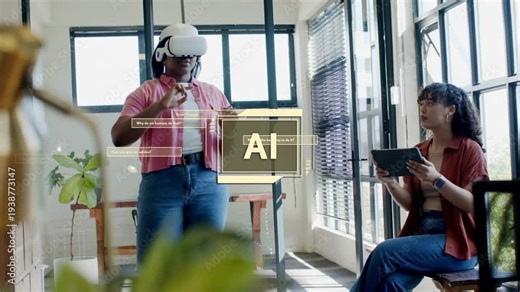 Standing woman in VR headset testing AI UI with gestures, overlay shifting as peer tapping tablet
