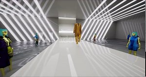 3D Fashion Show. The Invisible Virtual Female Model Walks Down the Runway. Brown Suit. Meeting in Virtual Space, Meta Podium Show, Artificial World.