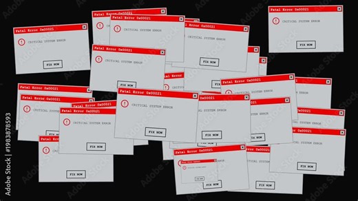Retro interface triggers cascading failure alerts across a dark screen to simulate software malfunction before a security tool achieves restoration.