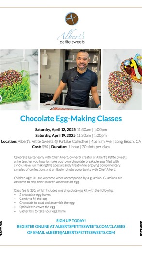 Chef Albert 🇵🇭🏳️‍🌈 on Instagram: "Albertspetitesweets.com . I am Chef Albert, Owner & Creator of Albert’s Petite Sweets, Partake Collective’s in-house chocolatier, and small business owner in Long Beach, California. . Everyone has been requesting me of when my next Chocolate class is. Well, now here it is! Go to my website and sign up today while spots are still available. Let’s get ready for Easter! . Albertspetitesweets.com . Partake Collective 456 Elm Ave Long Beach, Ca 90802 Store Hours: