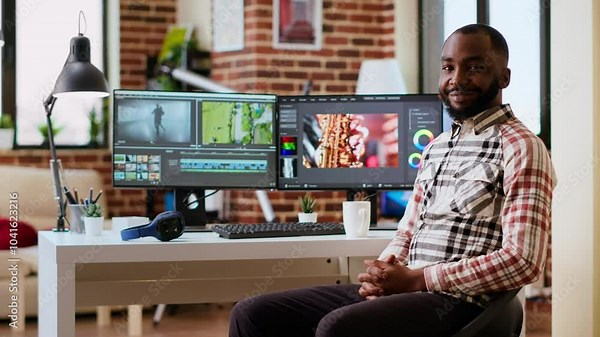 Male filmmaker editing video montage on professional software, doing freelance work for a cinematic project using dual monitors. Young man working on a creative process at home. Camera B.