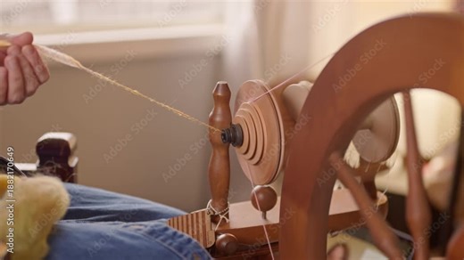 Person hand feeds raw fiber into a spinning wheel, turning wool fleece into yarn. Close up view of large fiber turning and moving through the machine.