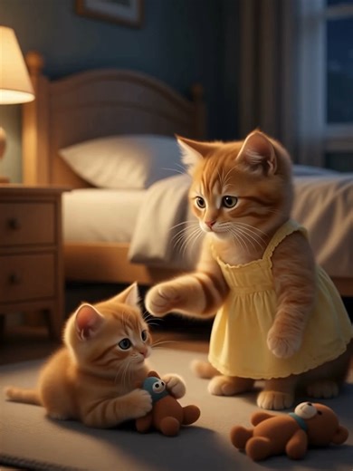 “Lili Tells Baby It’s Bedtime” 🐱🌙🛏️ Ultra-realistic ginger kittens in a cozy bedroom at night, Lili wearing her yellow dress, gently but firmly telling her tiny baby kitten it is time to go to bed, the baby kitten sitting on the floor and playing naturally with a small toy, the baby pauses, looks away, and keeps playing, cute, funny, cozy, heart-warming, bedtime mood, no humans, no text, only kittens, cinematic lighting, warm lamp glow, realistic fur, soft whiskers, shallow depth of field, pe