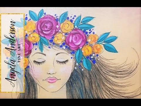 Bohemian Girl with Flowers Acrylic Painting | Live Beginner Art Lesson | How to Paint and Draw Faces