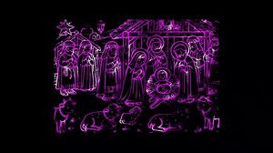 Download Glowing looping Christmas Day traditional Nativity scene. neon frame effect, black background. for free