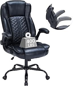 400lbs Executive Office Chair with Flip-Up Armrests, Big and Tall Computer Chair for Heavy People, Heavy Duty Ergonomic Comfy Chair, Breathable PU Leather (Black)