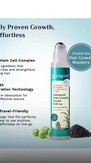 Hair thinning or widening part line making you anxious? 😟 Try our Advanced Hair Growth Serum Roll-On powered by Redensyl Anagain Capilia Stem Cell Complex — designed to visibly slow hair fall and boost new growth right from the roots. 🌱 This new roll-on variant packs the same iconic serum in a compact, travel-friendly form, using a deep penetration technology and non-greasy formula for effortless usage. ⭐ No mess, no oily finish — just roll, absorb & grow stronger hair every day. 💪 | Pilgrim