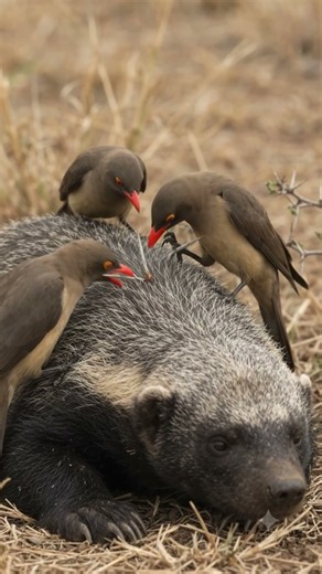 This honey badger is covered in thorns... but then help arrives from above. 🦡🐦