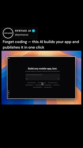 SYNTAIX AI | Tech • AI Tools • Updates on Instagram: "Meet Rork — the AI tool that turns your idea into a working mobile app in minutes. No coding. No setup. Just prompts → publish. ⚙️ Built on React Native & Expo 💡 Test instantly via Expo Go 🧠 Like Cursor or Bolt — but made for mobile developers ✨ Key Features: • Builds full apps from your text prompts • Cross-platform (iOS + Android + Web) • Built-in auth, UI components & live preview • Code export + instant deployment 💰