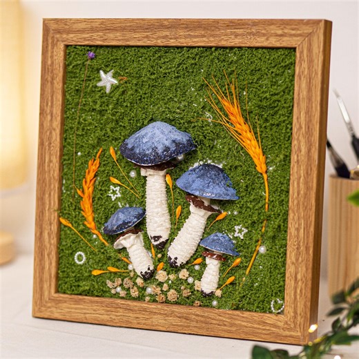 Blue Mushroom Shadow Box Art, Moss Woodland Frame Decor, Botanical Forest Wall Art, Shelf or Desk Display - Etsy