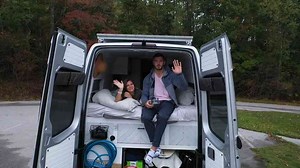 DIY VAN TOUR - Full-Time Travel Couple - Shower, Roof Deck, and Convertible Bed - Van Life