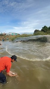 Cast net throwing to catch some fish under stream water | Nimit Village