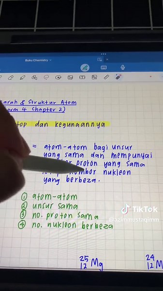 Bab 2 Form 4 - Isotop dan Kegunaannya. This is the most popular subtopic yang WAJIB keluar dalam exam (Kertas 1 dan 2). Kalau ada bahagian yang adik-adik kurang faham, boleh komen jer okay. Nak request subtopik mana pula?😄✌🏻 #SPMkacang #spm #spm2024 #kimia #chemistry #edutok #LearnOnTikTok #TikTokGuru #fyp #fypシ #isotop #isotopes