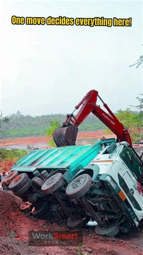 Truck Recovery by Excavator Operator : Lifting and Stabilizing Emergency Rescue Process