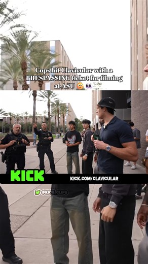 Kick Clips on Instagram: "Cops just hit Clavicular with a TRESPASSING ticket for filming at ASU 😳 One minute it’s jokes, the next it’s pressure, then suddenly the whole timeline’s tuned in like it’s must-see TV. No script, no filter, no backing down. Just raw live energy and zero fear of the moment. People tune in thinking it’s “just another stream” and leave realizing they just watched content history. Whether he’s shutting down haters, turning awkward moments into viral clips, or casually pul