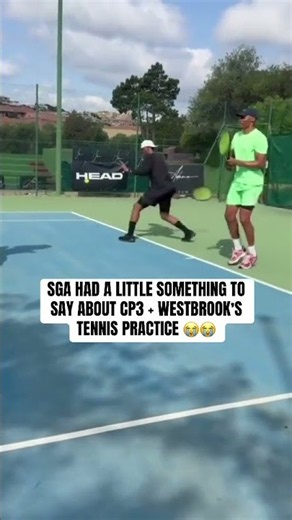 CP and Russ working on their tennis swings in retirement… and Shai had thoughts 😂 (via: cp3/IG)