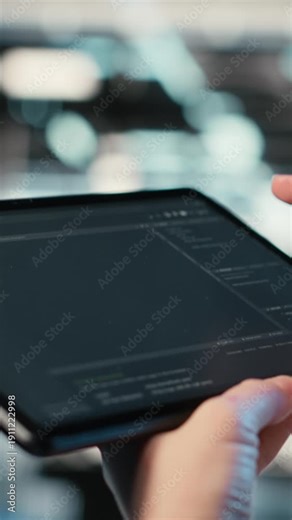 Vertical video Using coding application, tablet and programmer in data center optimizing equipment rigs. Adjusting system parameters, programming script close up and IT professional in server hub