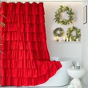 Red Ruffle Shower Curtain for Bathroom, 72x72, Cottagecore Rural Farmhouse | Cascading Layered Ruffles, Standard 72" x 72" Fits Most Tubs & Showers, 12 Hooks Inclouded, Machine Washable, Soft Microfiber