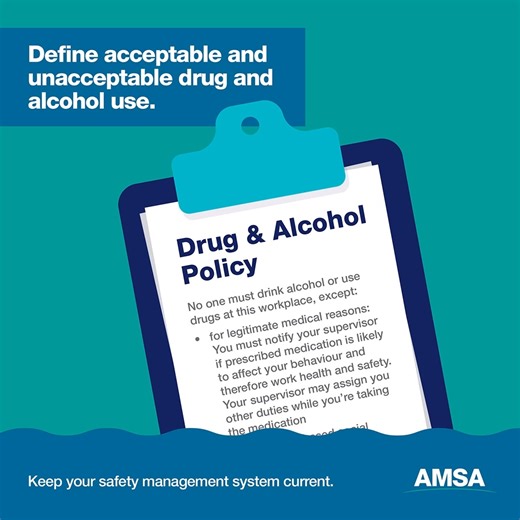 📣 New drug and alcohol policy requirements for domestic commercial vessels! ⏲️ Starting 1 June 2025, all domestic commercial vessel operators must have a policy outlining how they manage the risks of drugs and alcohol included in their safety management system (SMS). Why wait? Update your SMS now and stay ahead. #SafeSeas #SafetyManagement #DrugAndAlcoholPolicy #AMSA | Australian Maritime Safety Authority - AMSA