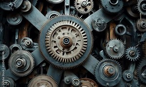 A complex arrangement of gears and cogs, showcasing mechanical design and engineering.