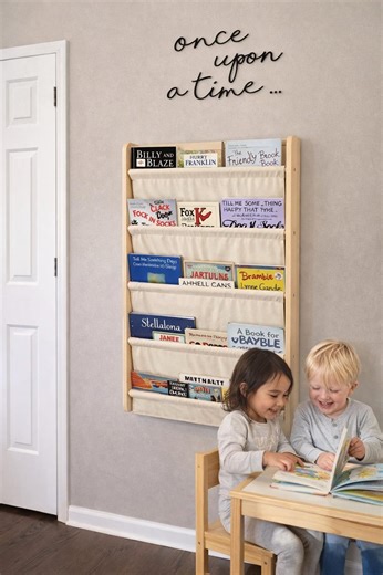 Montessori Wall Mounted Bookshelf 5 Tier With Cotton Canvas Deep Pockets, Behind the Door Handcrafted Solid Pine Wood Book Rack - Etsy