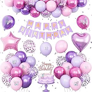 Pink Purple Birthday Decorations for Women Girls,Pink Purple Butterfly Birthday Decorations Happy Birthday Banner Star Heart Foil Balloons Cake Topper Butterfly Stickers Party Supplies