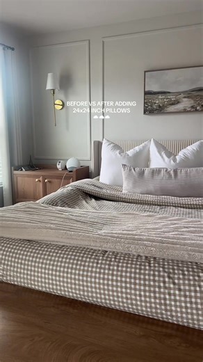 The difference is crazy 🤎🧸 highly recommend the four pack of oversized 24x24! I have a king size bed for reference 🫶🏼 #ThrowPillows #Bedding #Bedroom #BedroomDecor #HomeDecor