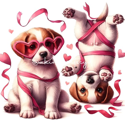 Valentine Puppies Clipart | Cute Dogs Playing With Hearts JPG Bundle - Love Day Illustration Digital Download - Etsy