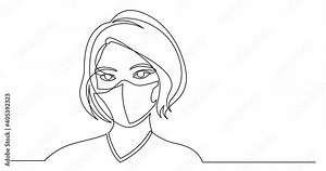 Self drawing continuous line animation of beautiful young woman wearing face mask