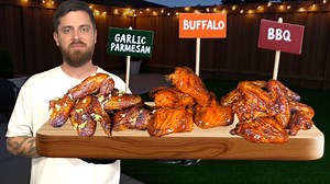 Crispy smoked wings three ways - buffalo, garlic parmesan, and BBQ