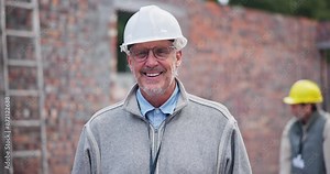 Construction, face and mature man for building inspection, maintenance and supervisor with pride. Outdoor, confidence and male contractor as foreman for renovation project, planning and management
