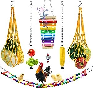 6PCS Chicken Toys for Hens, Chicken Xylophone with Grinding Stone Flexible Ladder String Bag Vegetable Skewer String Feeder for Hens Parrot Bird for Coop Accessories