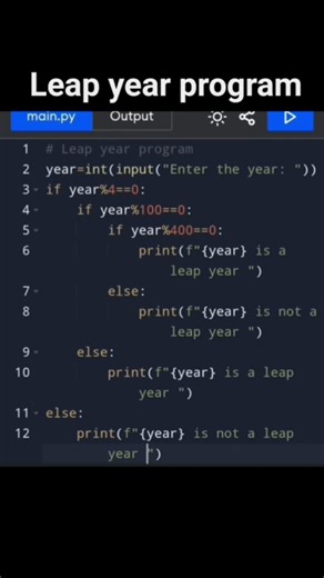Yeshodhan on Instagram: "Leap year program by using conditional statements - Python . . . Follow for more:@learn2code_00 . . . ➡️ “Coding logic that adds a bonus day! 📆✨ Leap Year Program in Python” ➡️ “Divisible by 4? Let’s decide the year 😎 Leap Year Checker Program ✔️” ➡️ “One extra day, one smart condition 💡 Leap Year Program in Python 📅” . . . #igreach #explore #feed #igtrends"