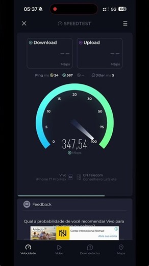 Teste de velocidade - Vivo 5G SA - Juiz de Fora MG #5G #Vivo5G #speedtest