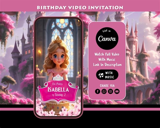Editable Princess Birthday Invitation, Princess Invitation, Princess Party Invite, Video Invitation, Canva Template - Etsy