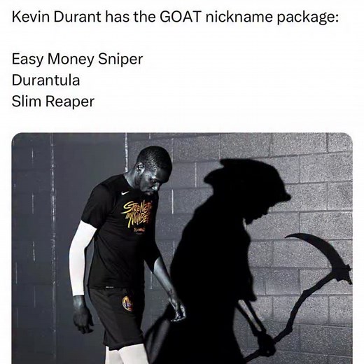 When fans debate the all-time greats in NBA history, the conversation usually revolves around championships, MVP awards, scoring titles, and overall dominance. But there’s one category where Kevin Durant stands completely alone — the GOAT nickname package. No superstar in modern basketball has collected a trio of iconic, fear-inducing, and universally respected nicknames quite like KD. From “Easy Money Sniper” to “Durantula” to the legendary “Slim Reaper,” Kevin Durant owns a nickname résumé tha