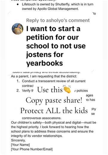 Replying to @asholyo Dear [Principal Name/School Board Members], I am writing to express my deep concern regarding the school’s continued contracts with Lifetouch, Jostens, and McGraw Hill. Recent reports and public discussions surrounding the release of the Epstein files have raised alarming questions regarding the ownership and leadership of these companies. Specifically: Lifetouch is owned by Shutterfly, which is in turn owned by Apollo Global Management. McGraw Hill was also previously owned
