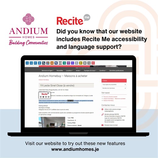 Did you know that our website includes Recite Me accessibility and language support? 🌍✨ With Recite Me, you can customise your online experience to suit your needs — whether that’s changing text size, using a screen reader, translating content into different languages, or adjusting colours and fonts for easier reading. We’re committed to making our services accessible to everyone. Give it a try next time you visit our site! www.andiumhomes.je | Andium Homes