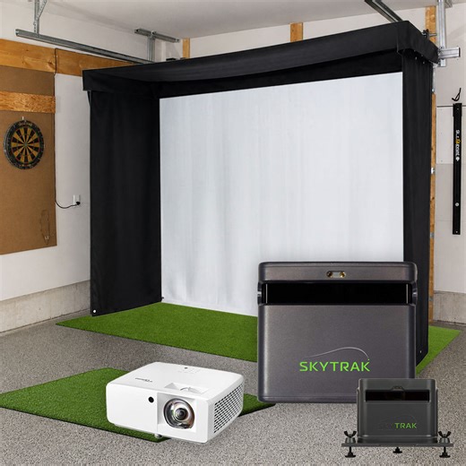 SkyTrak ST MAX SportScreen Vanish LITE Semi-Retractable Golf Studio Complete Package | Home Golf Simulator Studio with Impact Screen, Enclosure, Hitting Mat, Putting Turf & Projector