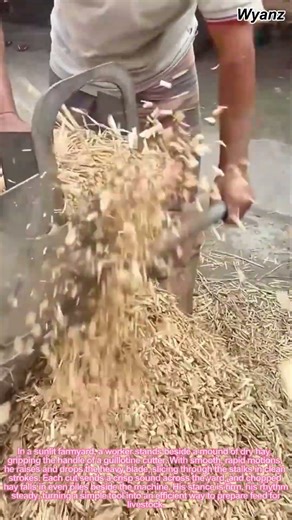 farm life vlog worker swiftly cutting hay with guillotine cutter