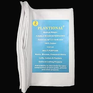 PLANTIONAL Woven Cotton Iron-On Fusible Interfacing: 44 inch X 2 Yards White Medium Weight 100% Cotton Single-Sided Interfacing for t-Shirt Quilts Blouses Dress Shirts Collars DIY Crafts Supplies