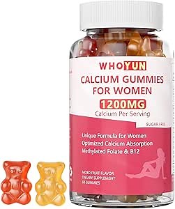 Calcium Gummies for Women 1200 mg, Unique Formula with Folate, B6, B12, D3, Magnesium, Zinc, Calcium Citrate Chewable Supplement for Bone, Skin Health, 60 Count