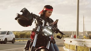 Biker Granny in a Leather Jacket and Gloves, a Red Scarf on His Head, Sitting on His Cool Motorcycle. Visible Hanging on Stock Video - Video of motorcyclist, mature: 124296395