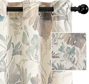 MYSKY HOME Linen Style Curtains 95 Inch Length Semi Sheer Light Filtering Curtains for Living Room/Bedroom Floral Printing Window Treatment Grommet 2 Panels,Brown and Natural