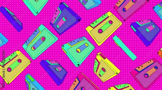 A fun background of illustrated retro cassette tapes that spin on an endless loop.