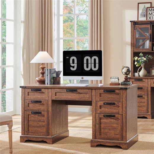 OKD Farmhouse Executive Desk, Rustic Office Desk with Charging Station and Keyboard Tray,Home Workstations with File Drawer, Storage Cabinet,Wood Computer Writing Desk, Reclaimed Barnwood