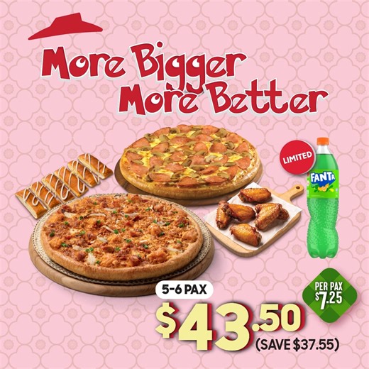 5.6K views | Evolve your gatherings with the MORE BIGGER, MORE BETTER box! ​ At only $7.25 per pax, enjoy a Regular Rendang-licious Pizza with an additional regular pizza along with your group's choice of 2 sides and a beverage! Perfect for you and 6 of your companions! | Pizza Hut | Facebook