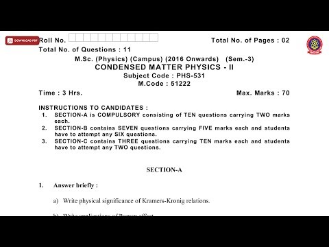 MSC PHYSICS CAMPUS 3RD SEM CONDENSED MATTER PHYSICS 2ND MAY 2019 | PTU